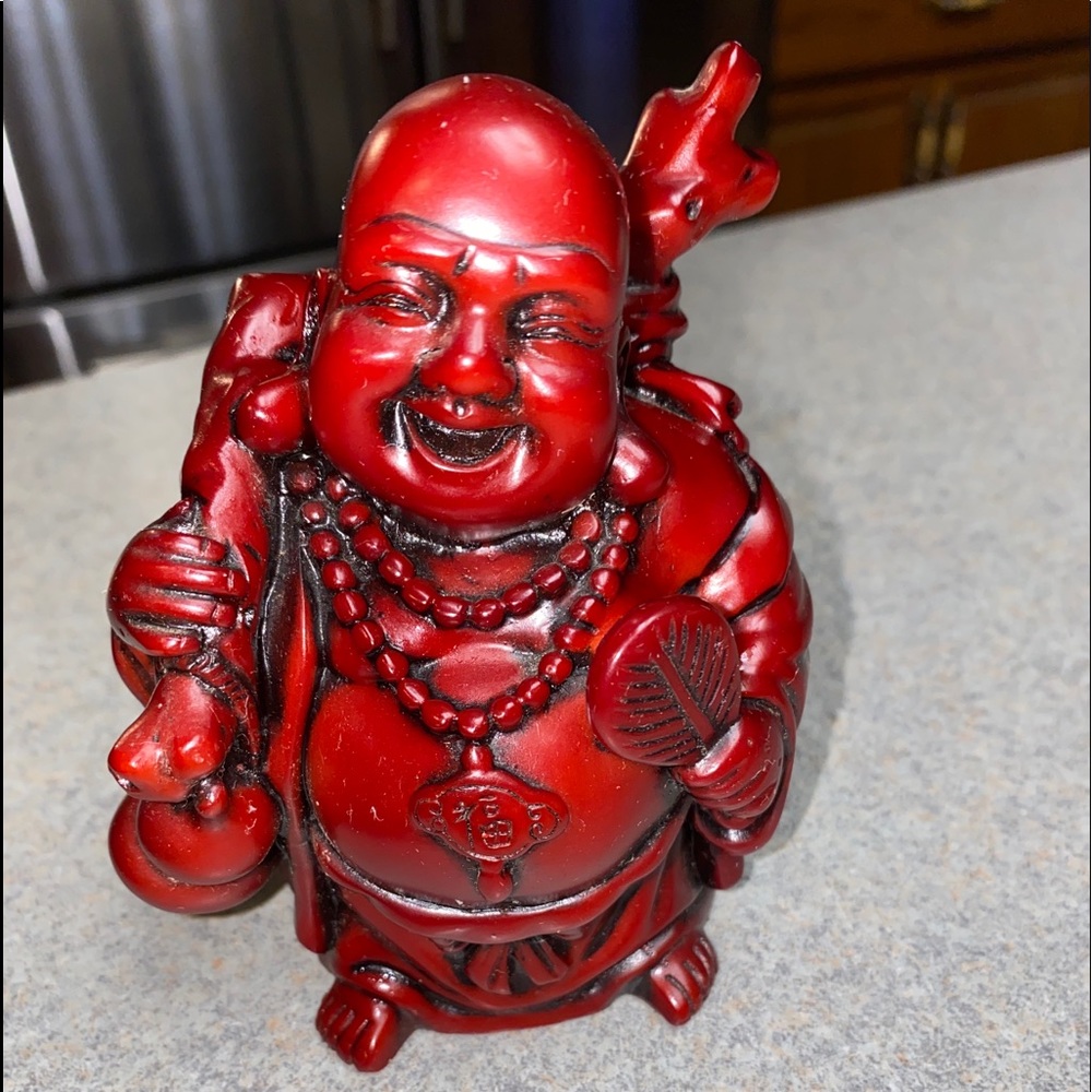 Buddha Statue Laughing Figurine Dark Red Cinnabar Resin Feng Shui  4.5" Tall